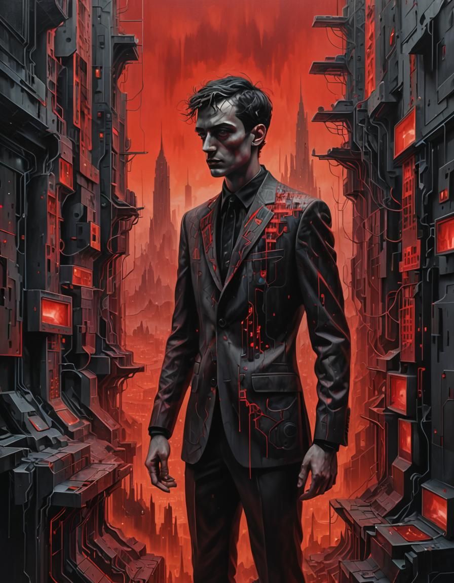 Surreal Neofuturistic Cityscape with Pixelated Figure