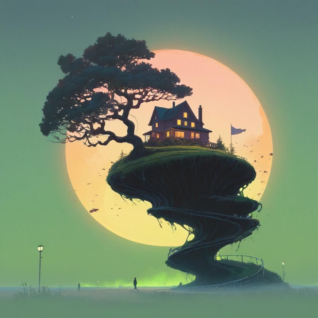 Surreal Night Landscape in Vector Art Style