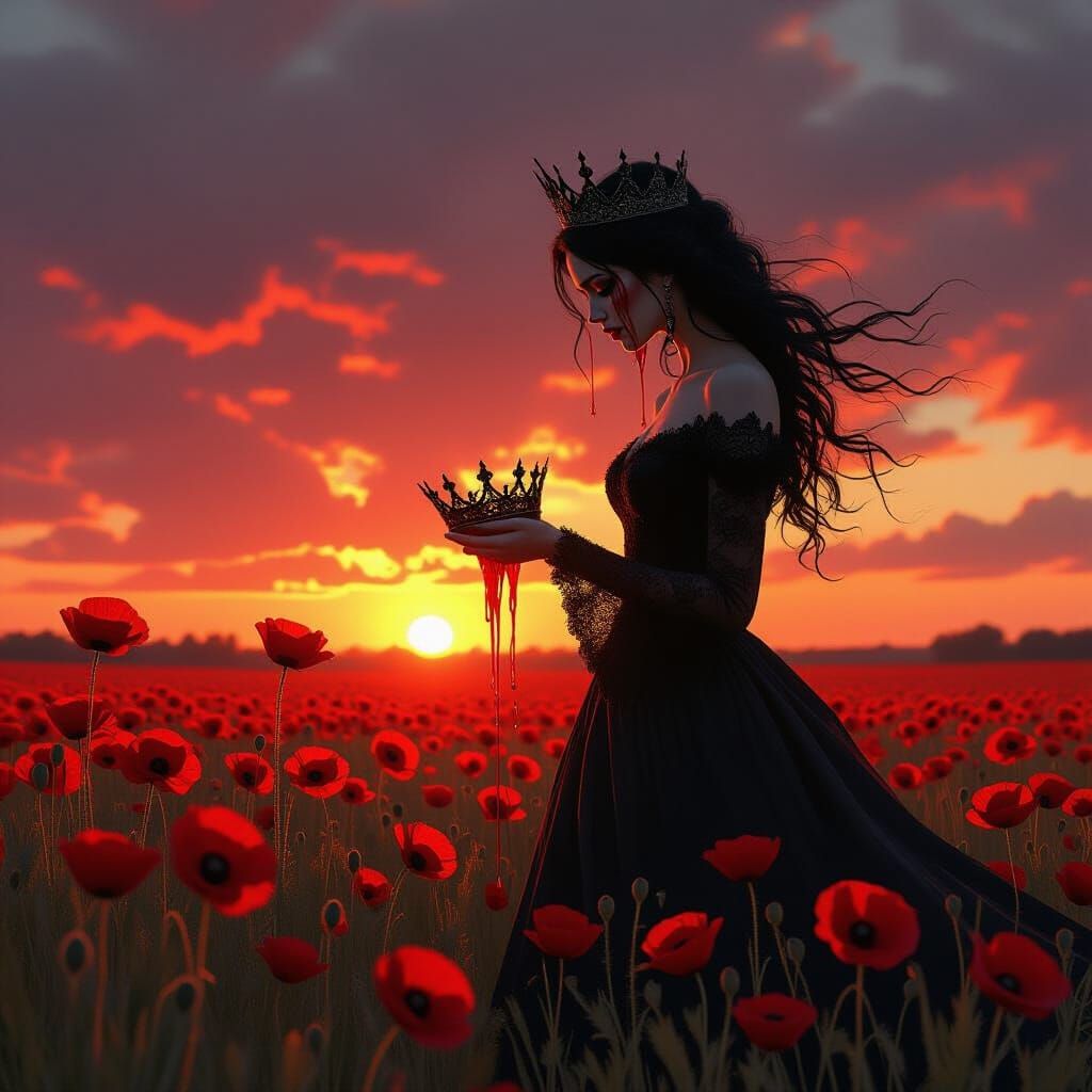 Sorrowful Queen in Poppy Field, Dark Fantasy Art