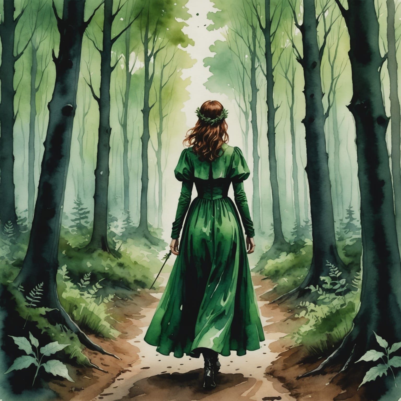 Woman in Green Gown Enters Creepy Forest