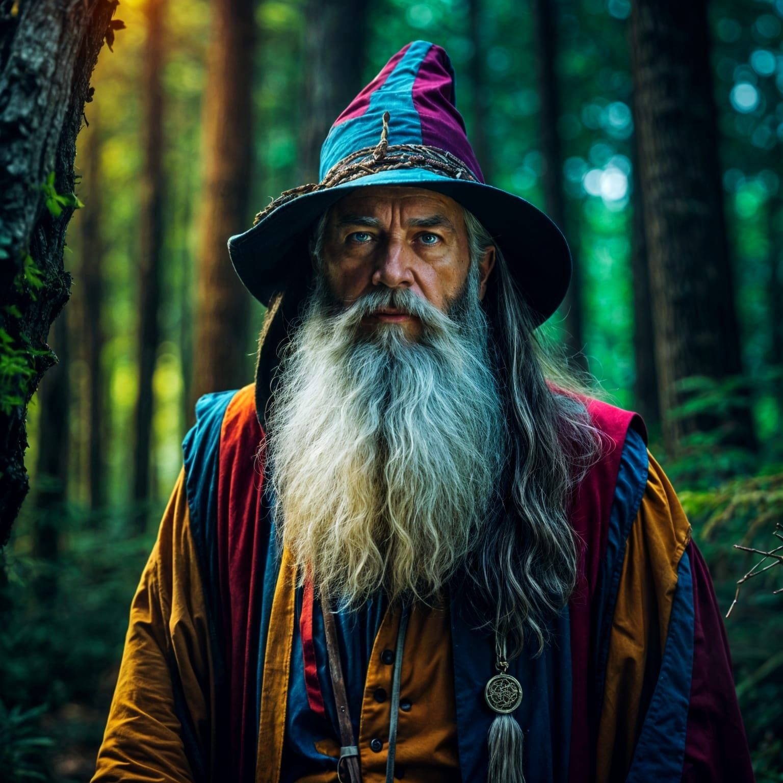Colorful Old Mage Walking in Forest, 8K