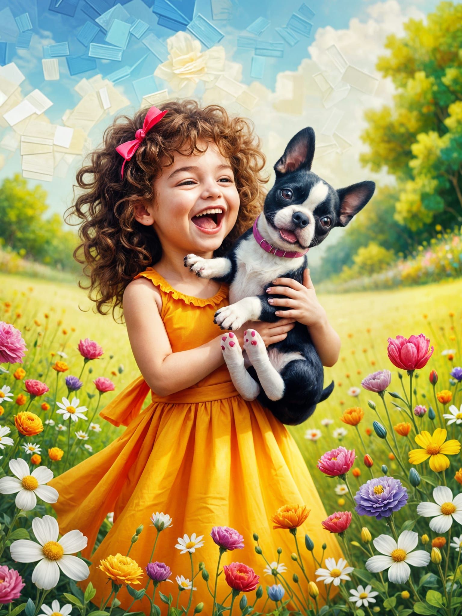 Joyful Girl and Boston Terrier in a Floral Setting