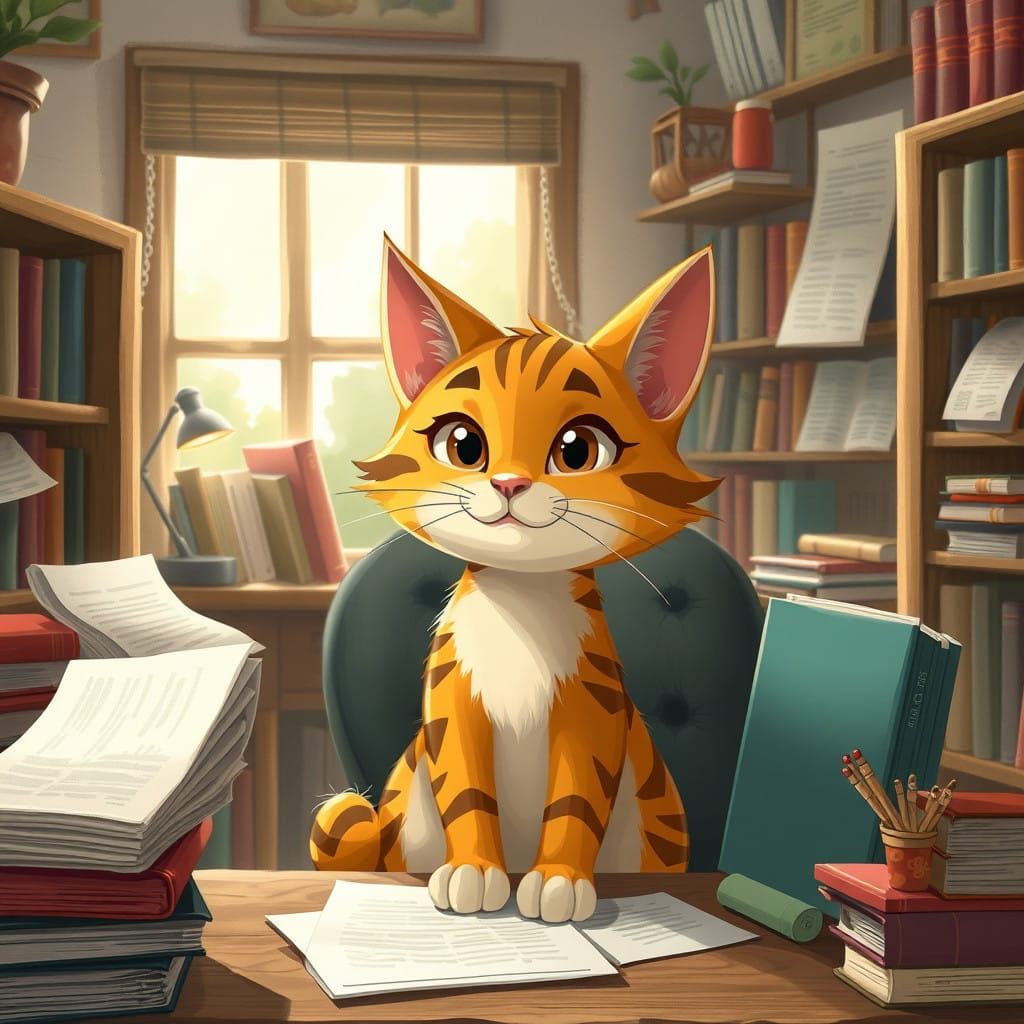Cozy Cartoon Cat in a Whimsical Office