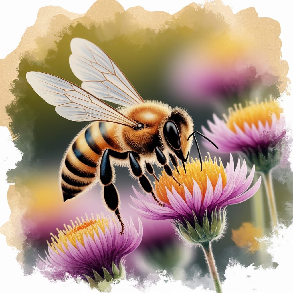 Bee in Golden Watercolor Bloom