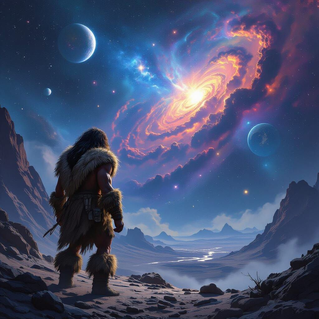 Neanderthal Explorer Gazes at Cosmic Nebula