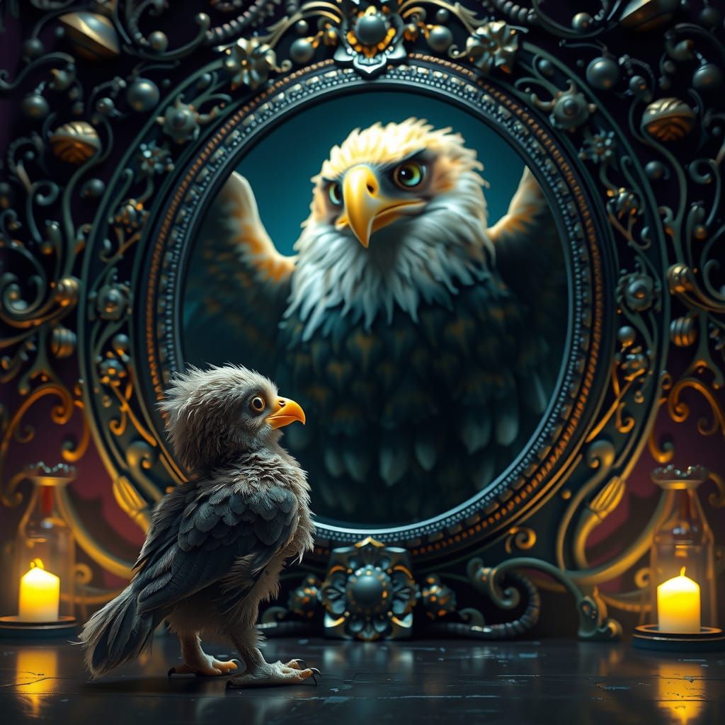Majestic Eagle Confronts Mystical Reflection in Dark Fantasy...