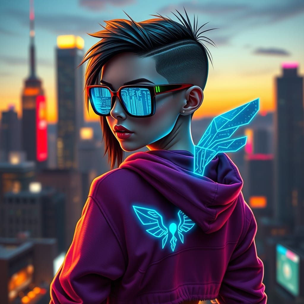 Cyberpunk Hacker Goddess with Electric Blue Wings