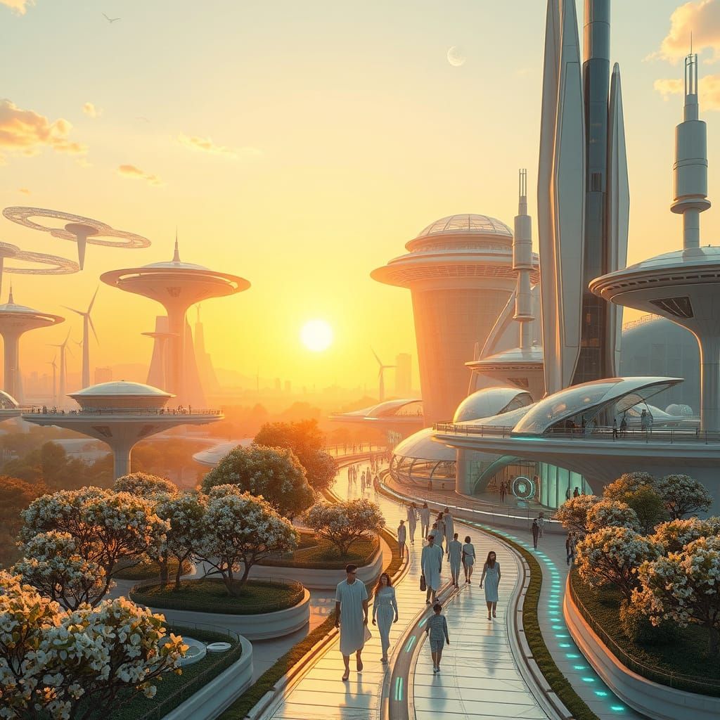 Utopian City of the Future in Golden Light