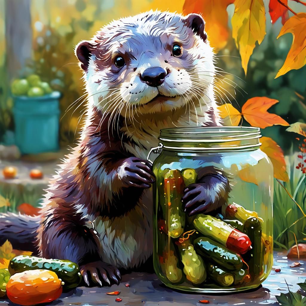 Kawaii Otter with Pickles in Autumn Garden