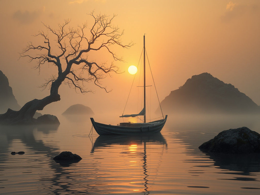 Ethereal Sailboat Glides Through Misty Lagoon