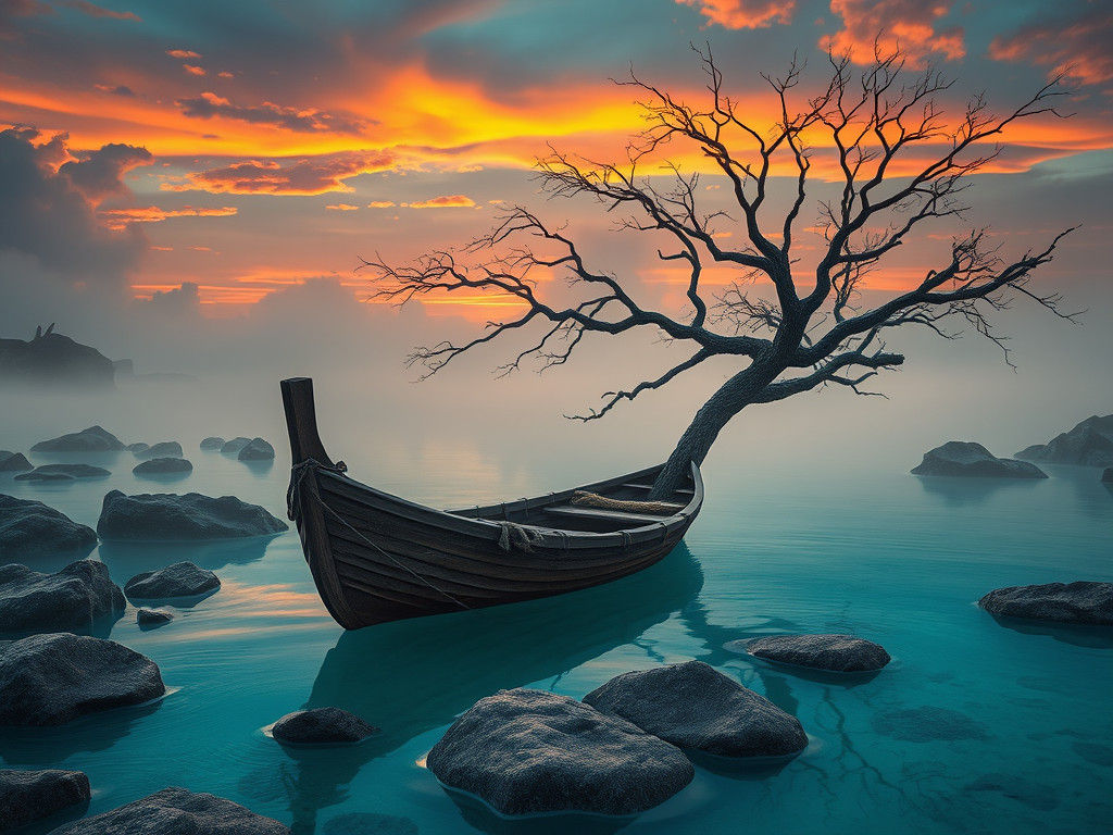 Weathered Boat Glides through Ghostly Turquoise Lagoon in Su...
