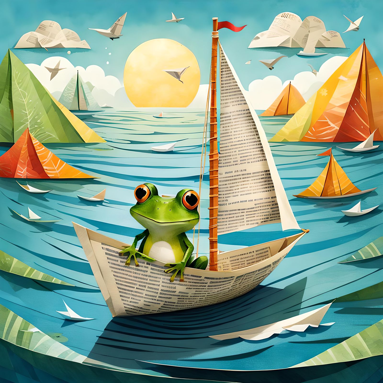 Happy Sailor Frog on Paper Boat Illustration