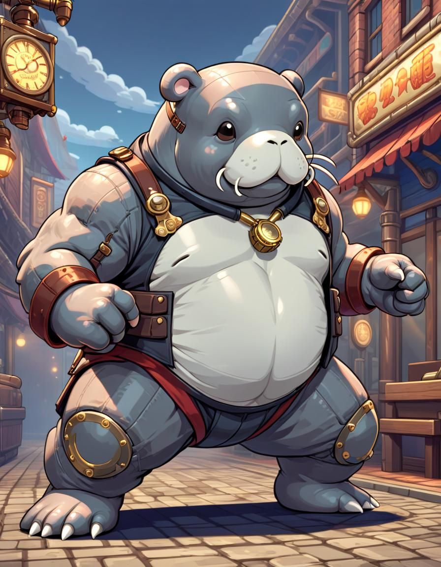 Steampunk Manatee Fighter in 16-bit Pixel Art