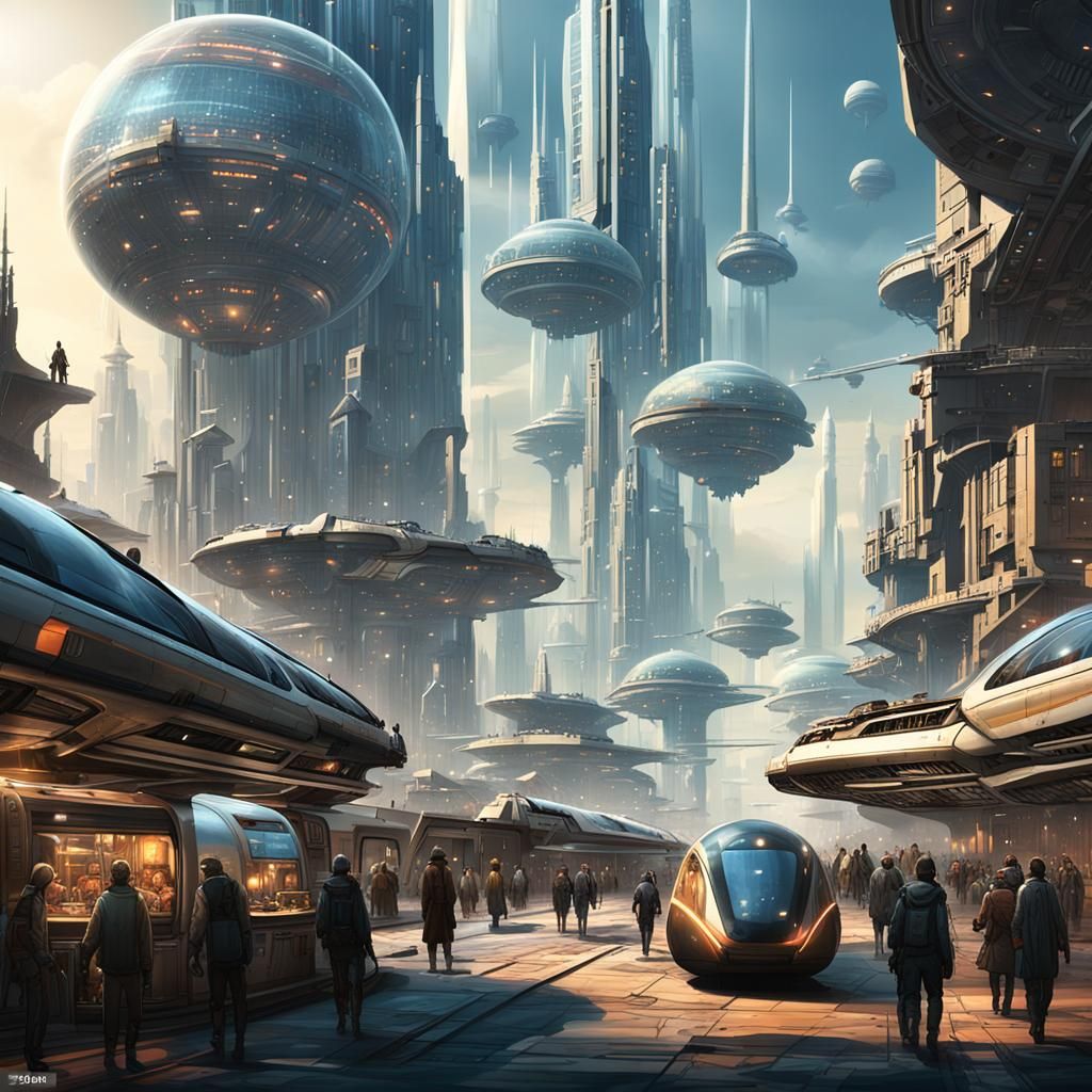 Bustling Lunarpunk City on Alien Planet