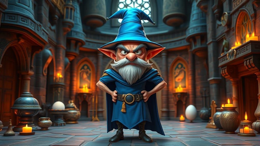 Grumpy Egg Wizard in Medieval Castle