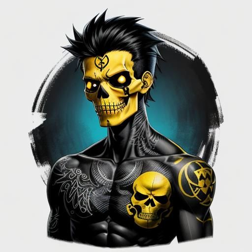 A 20 year old guy with a yellow skull and bones chest tattoo