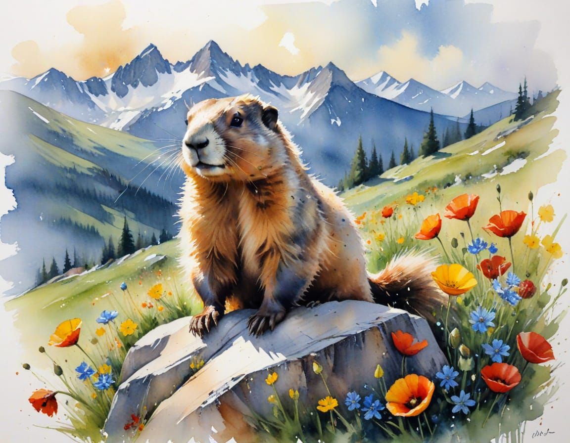 Marmot in Alpine Meadow: Watercolor with Lively Accents