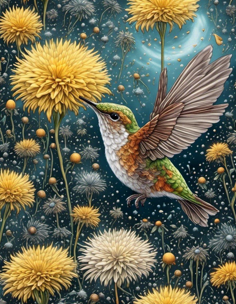 Hummingbird and Dandelion Seeds in Digital Painting