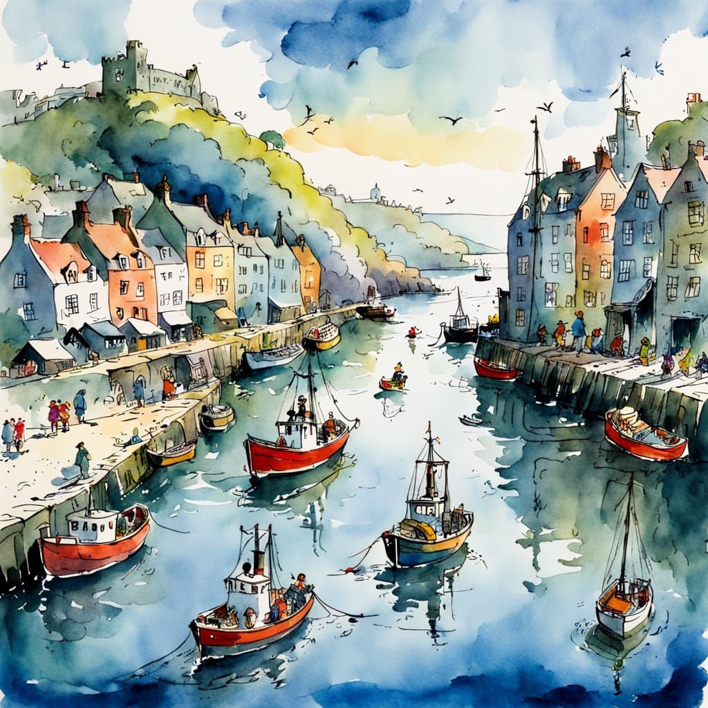 Charming Busy Harbour in Watercolour Illustration