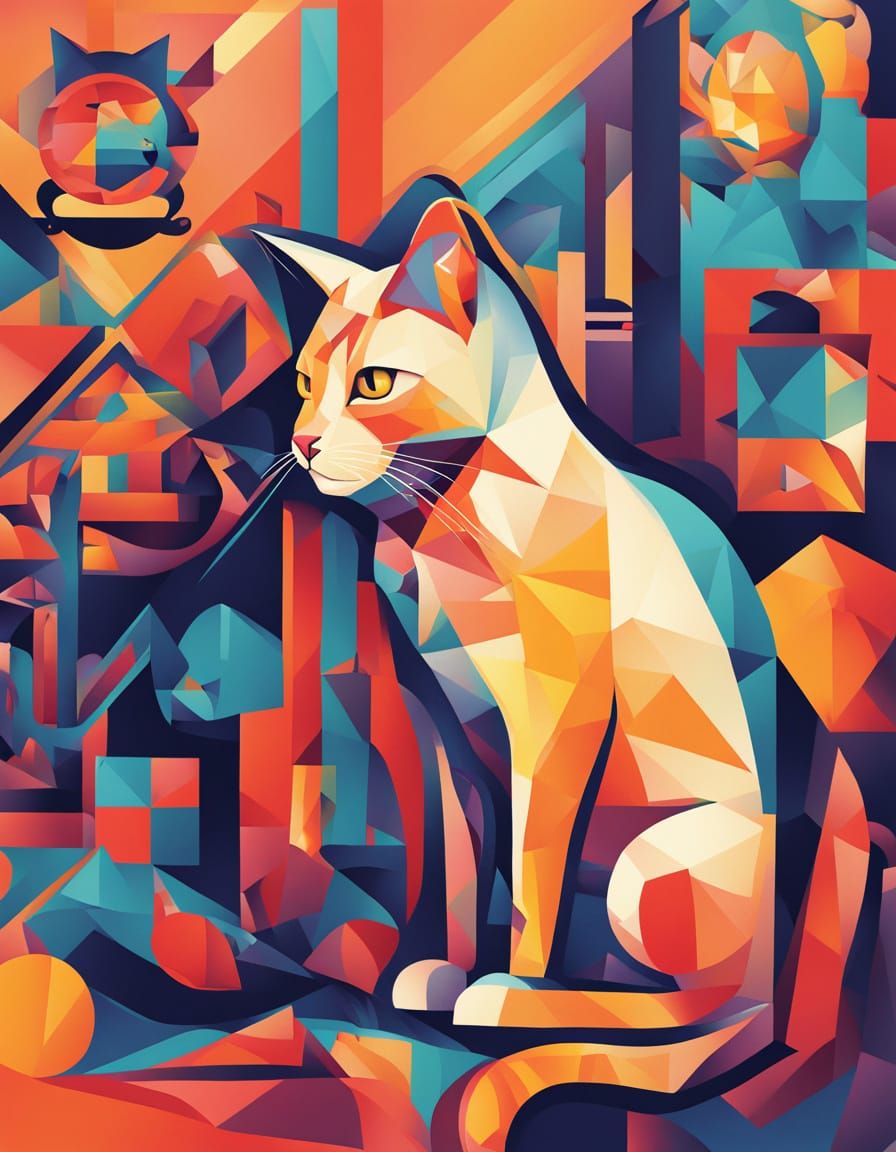 Geometric Cat Oil Painting in Neo-Impressionist Style