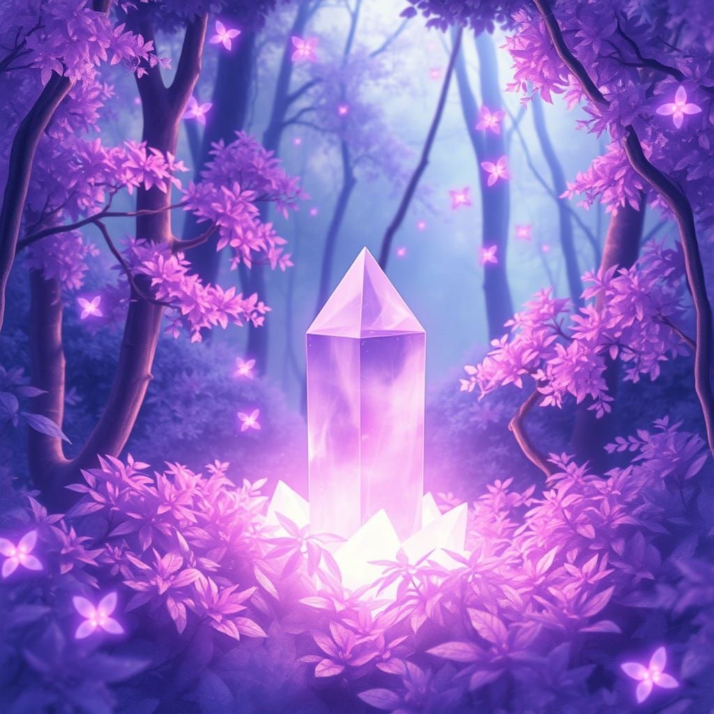 Ethereal Crystal Radiates Light in Purple Forest