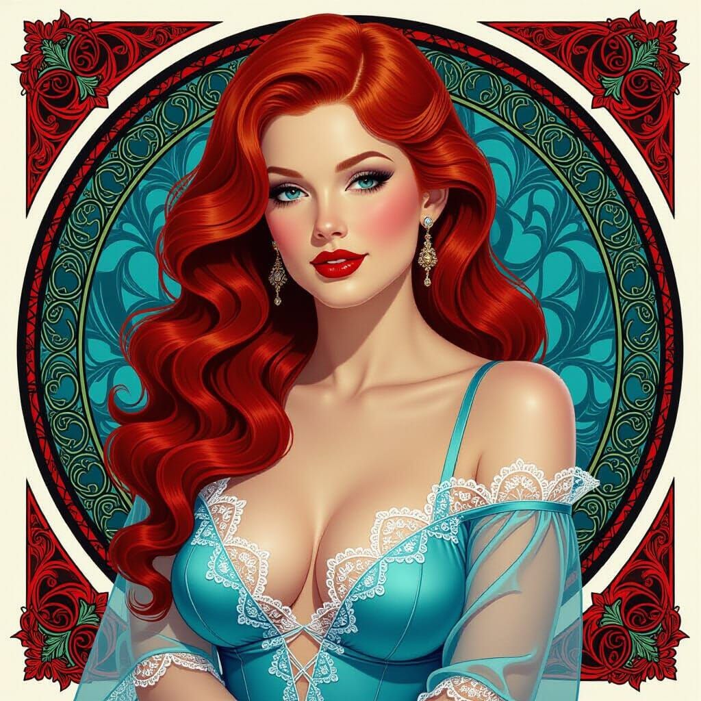 Sensuous Redhead Princess in Sheer Blue Negligee