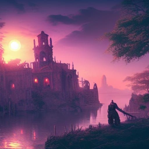 Ruined City with Violet Plants at Sunset