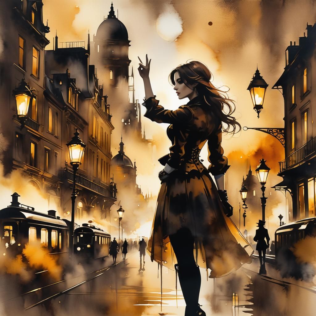 Silhouette of a girl waving at a train, modern European ink painting, alcohol ink, steampunk background, ink stains, in ...