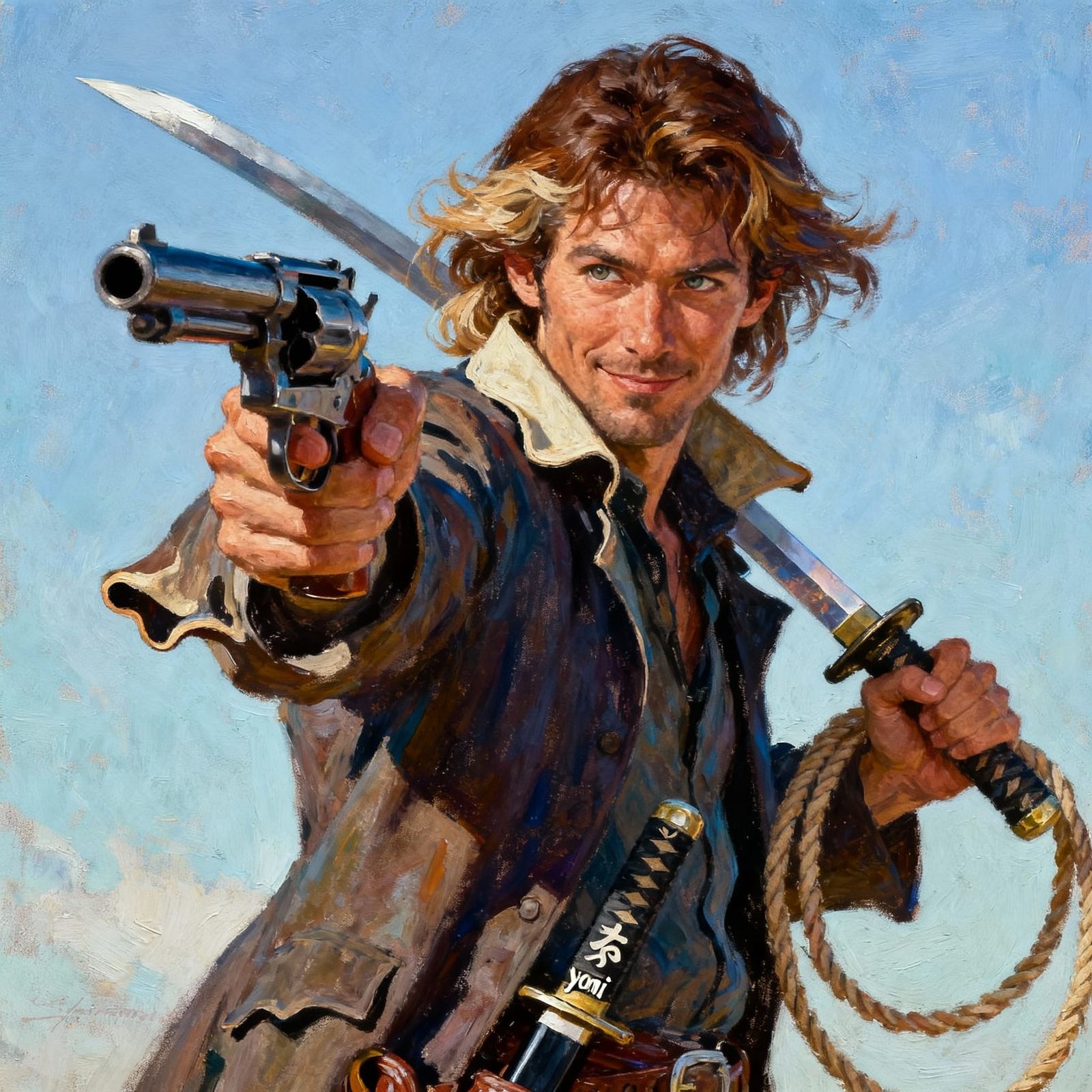 Ambitious Cowboy Aims Gun in Dynamic Oil Painted Style