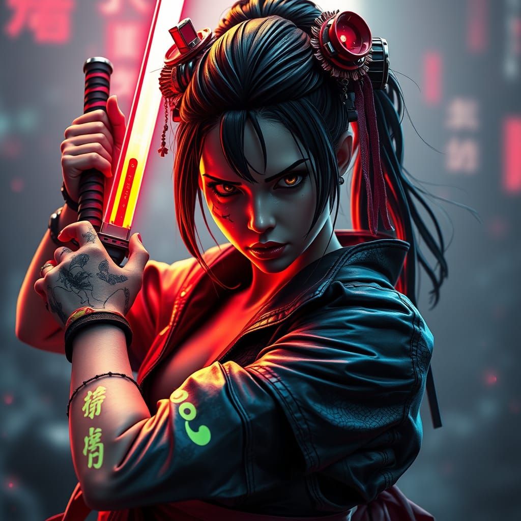 Cyberpunk Geisha with Neon Tattoos in Anime Style