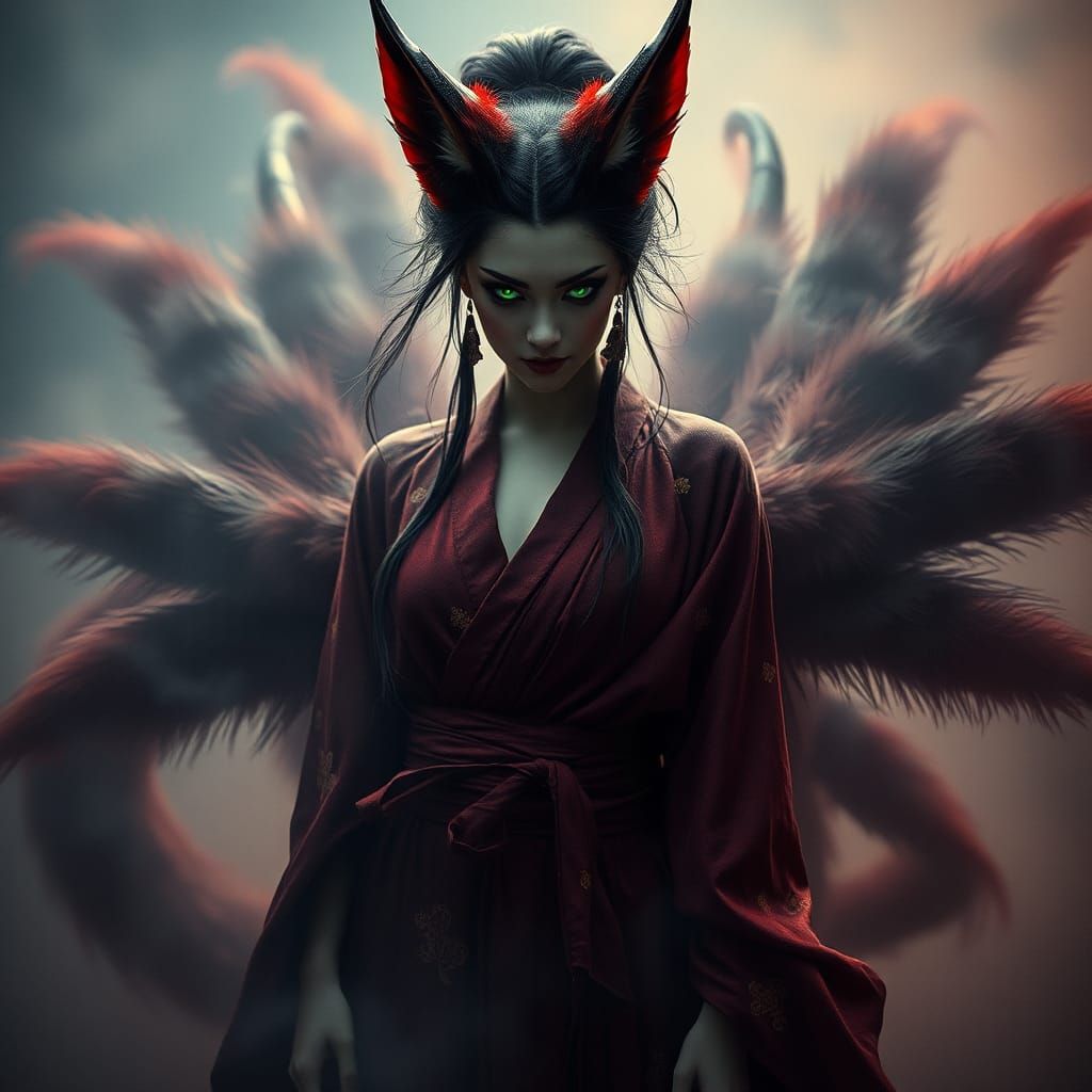 Crimson Kimono: Nine-Tailed Fox Woman in Ethereal Mist