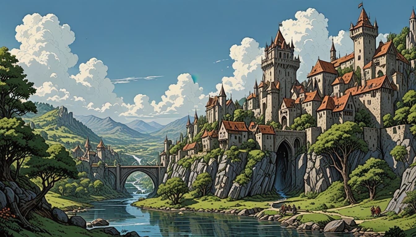 Fortified Medieval City Over River in Lush Valley