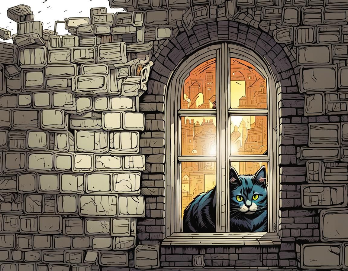 Cat in Window: Comic Book Art Style