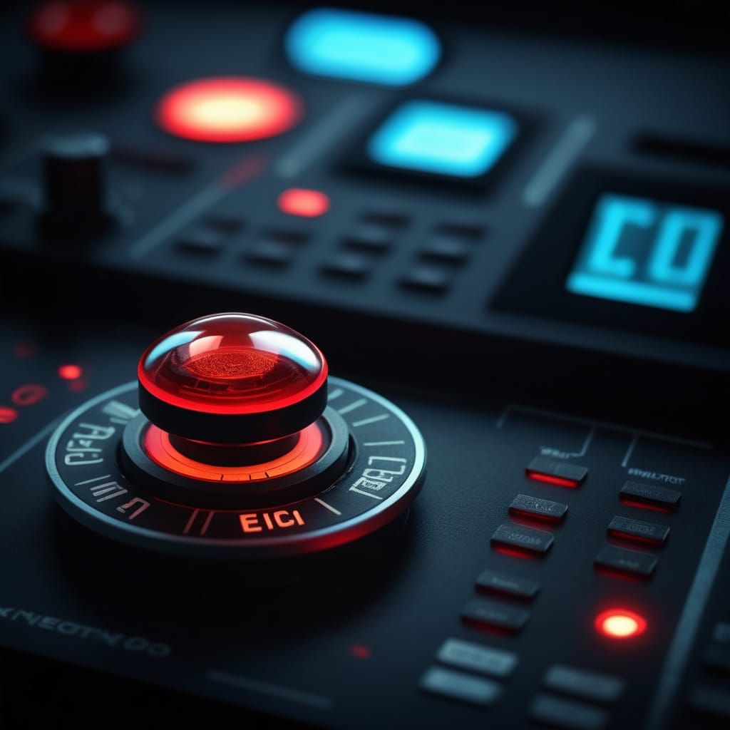 A  sharp but short conical red button in the middle of a dashboard in a futuristic control room, glowing ominously. The ...