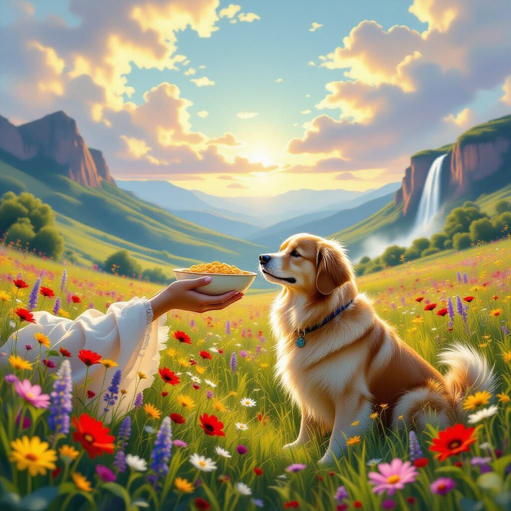 Divine Hand Offers Food to Dog in Magical Meadow