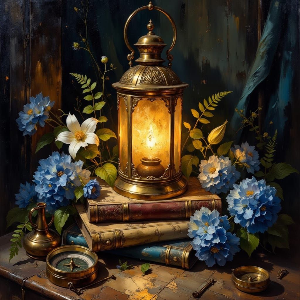 Golden Age Still Life with Glowing Lantern