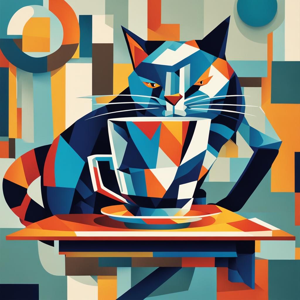 Cat Knocks Cup Over in Cubist Art Deco Style