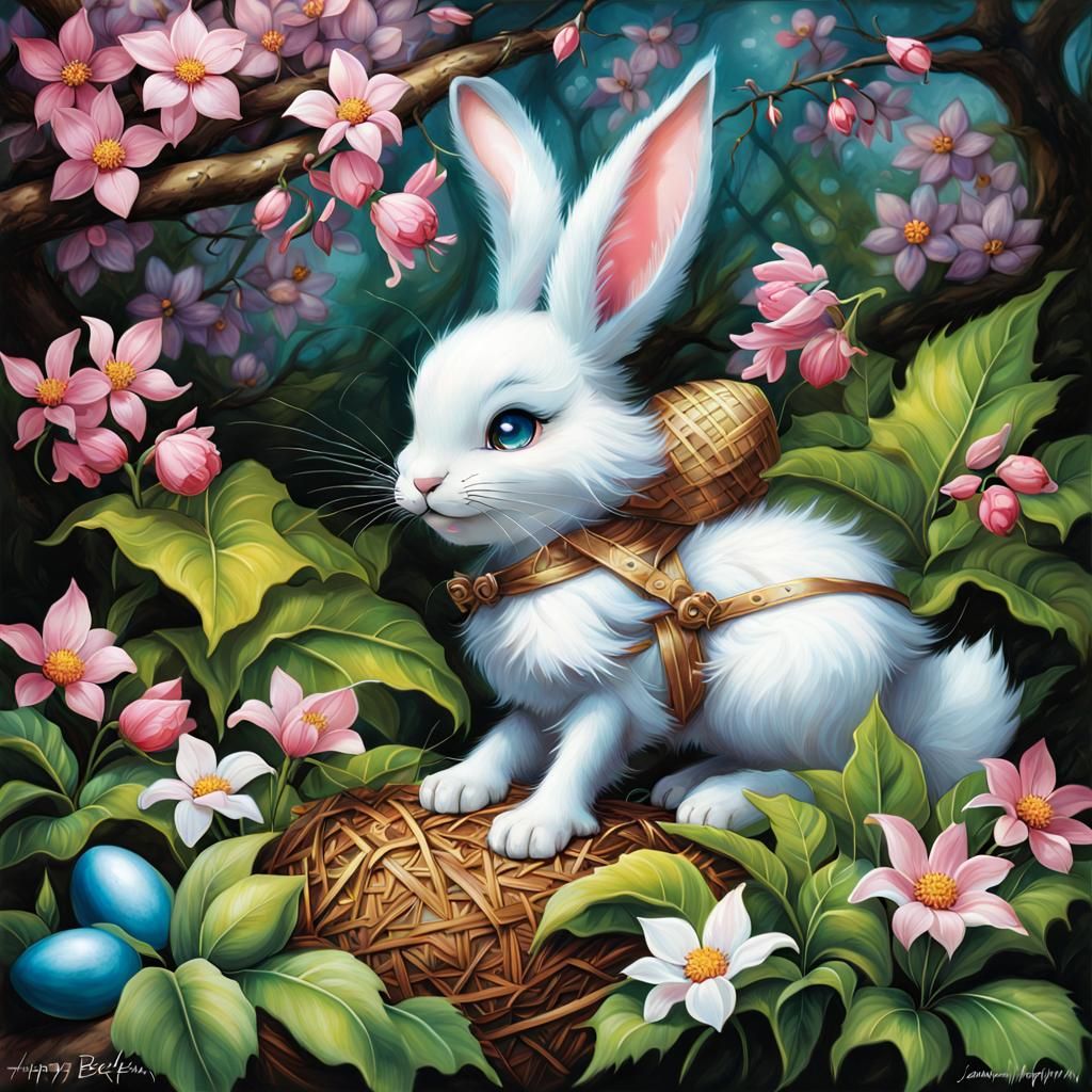 Easter Bunny Hiding Eggs in Spring Foliage