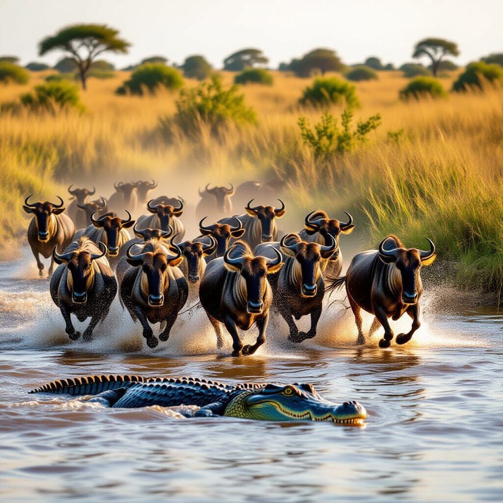 Wildebeest Herd Bravely Cross Mara River With Crocodile