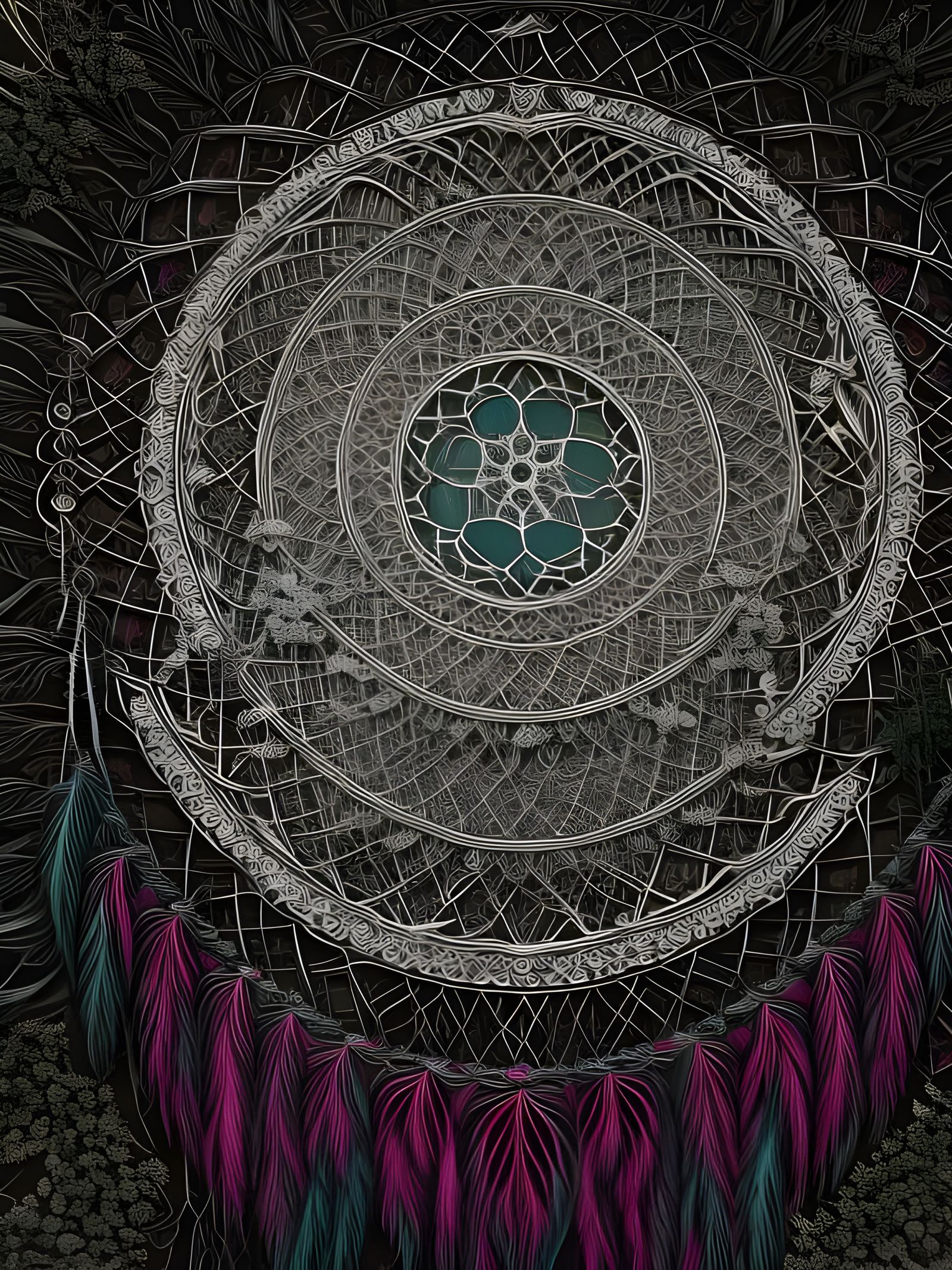 Intricate Multicolored Dreamcatcher in Dark Fantasy Landscap...