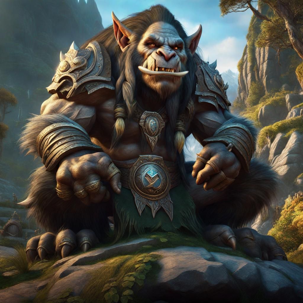 Hyperrealistic Attack Troll on Rock in Fantasy Landscape