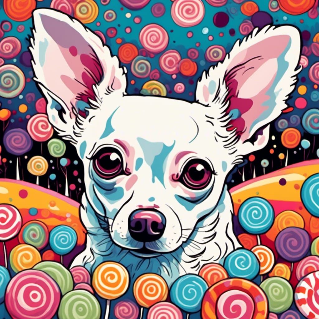 Chihuahua in Candy Grove: Retro Whimsical Illustration