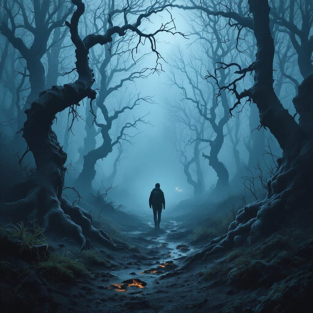 Ominous Forest at Twilight: A Surreal Horror Scene