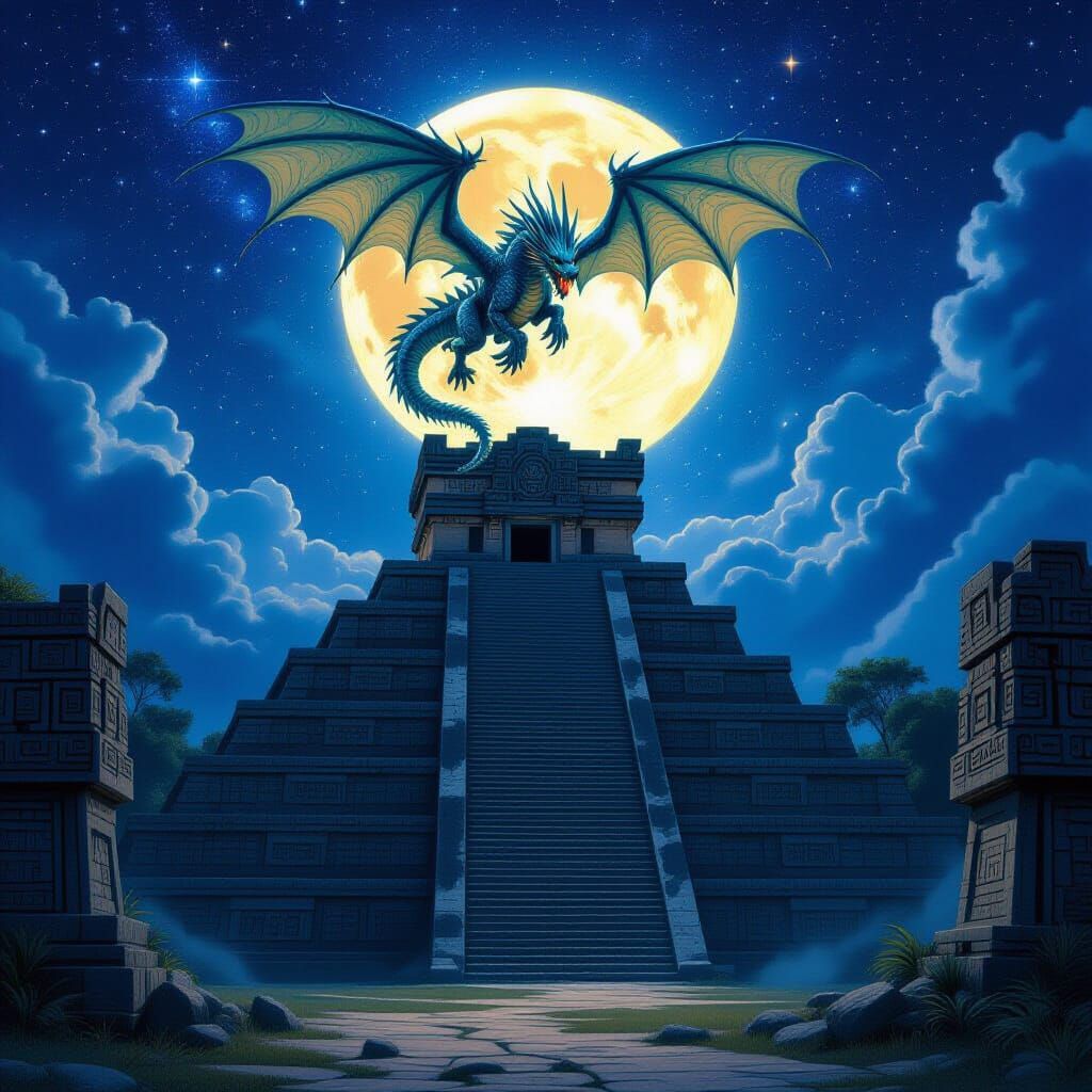 Dragon Descends on Moonlit Mayan Temple