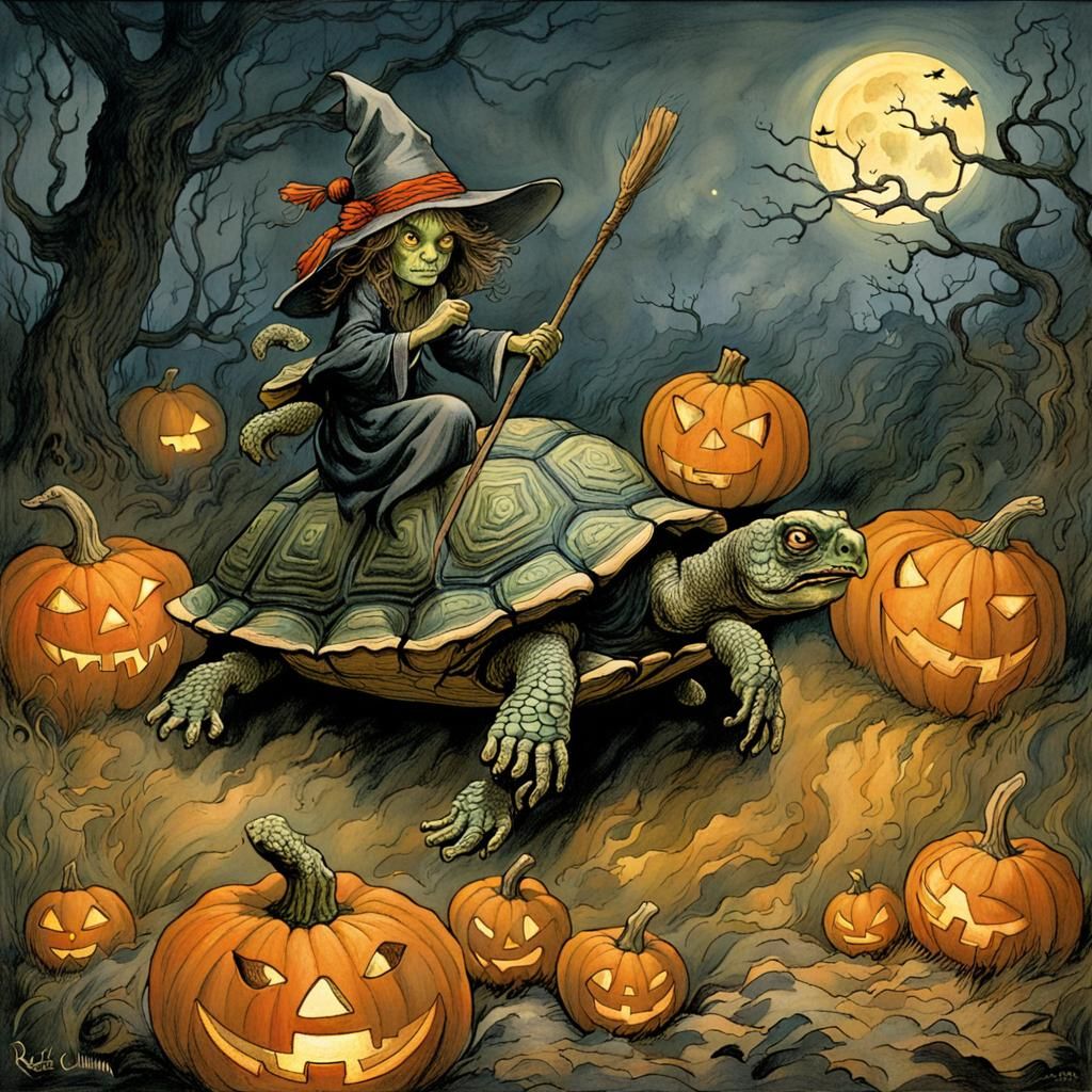 Turtle Witch at Halloween Party Illustration