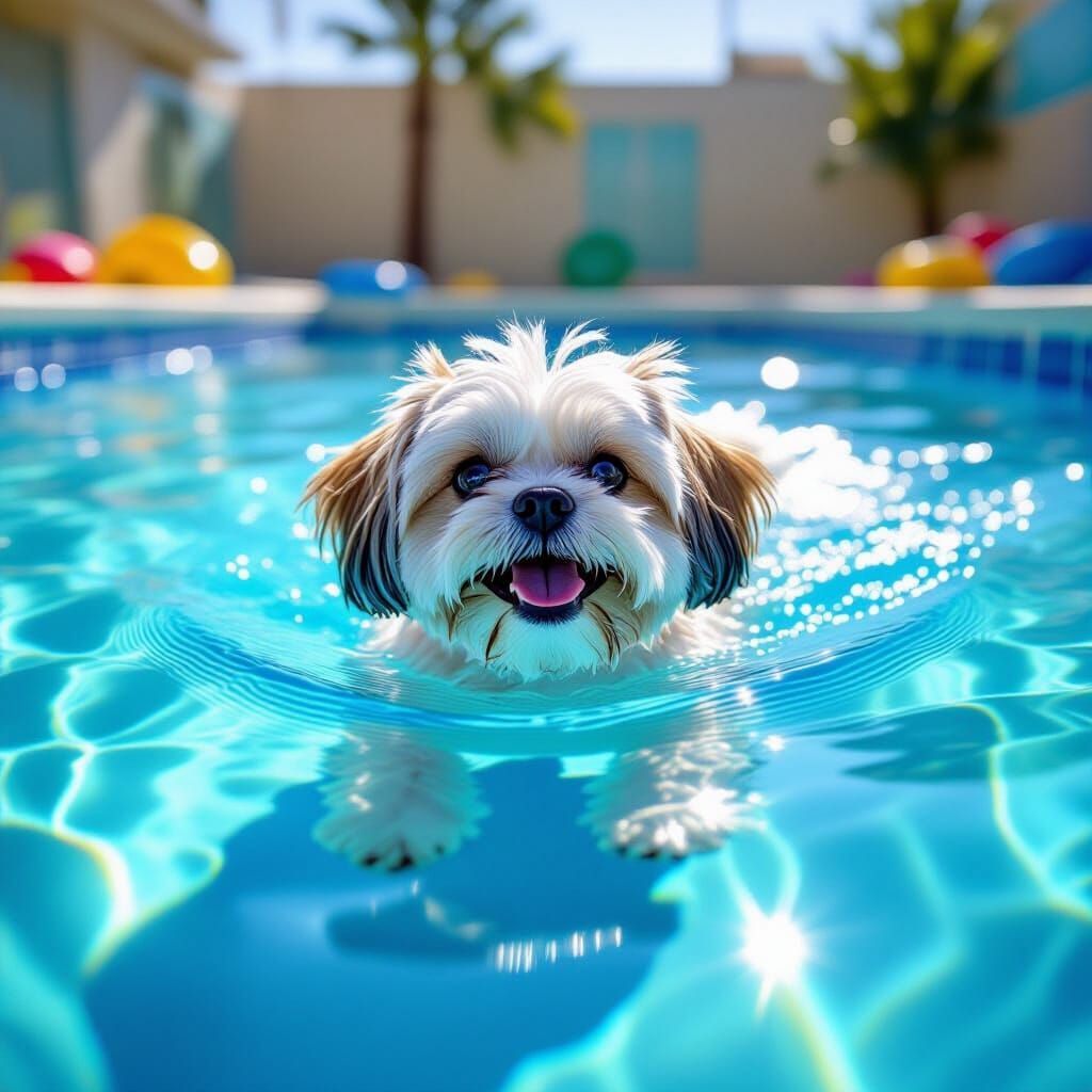 Happy Shih Tzu Swimming in Dog Daycare Pool