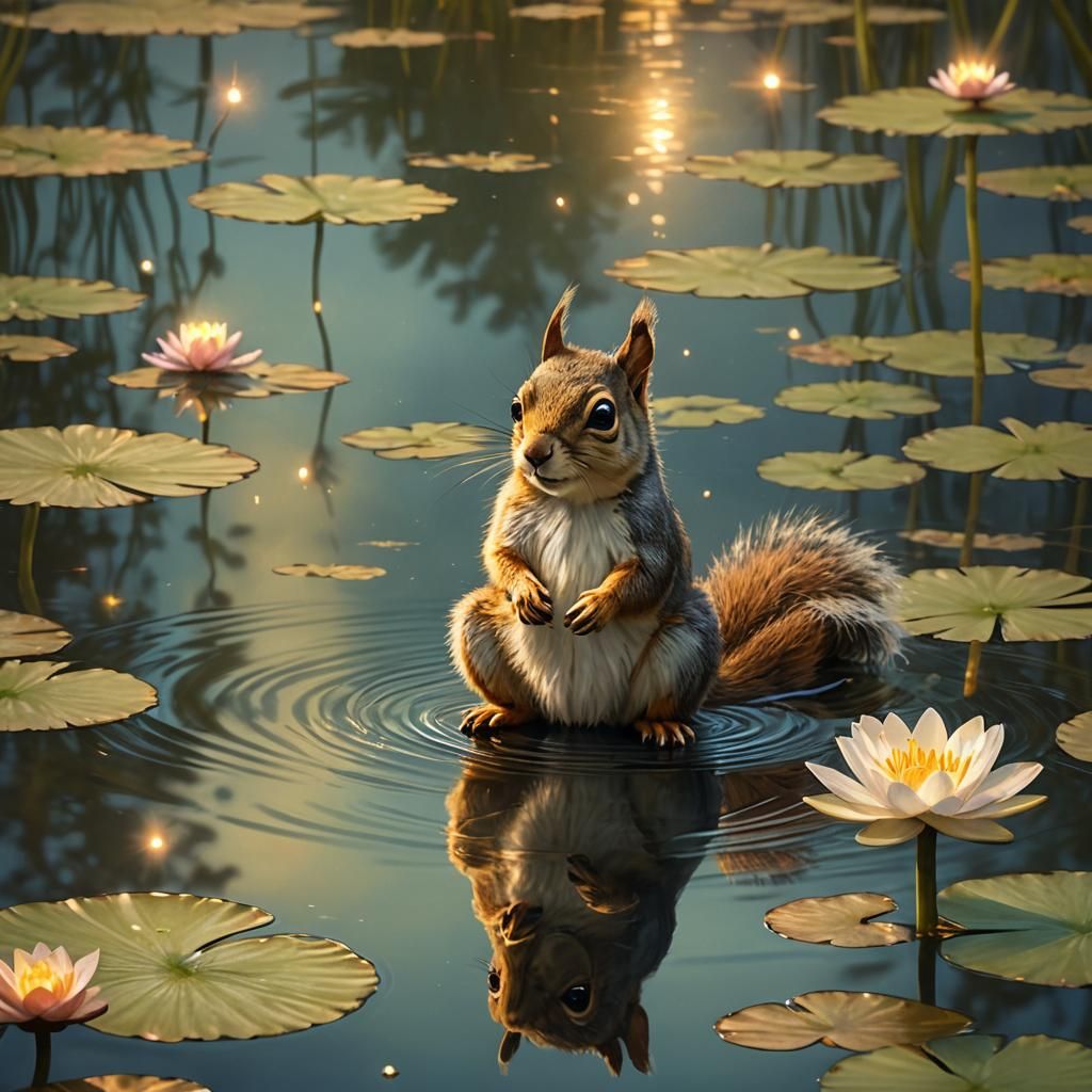 Squirrel Discovering Crown Reflection, Matte Painting