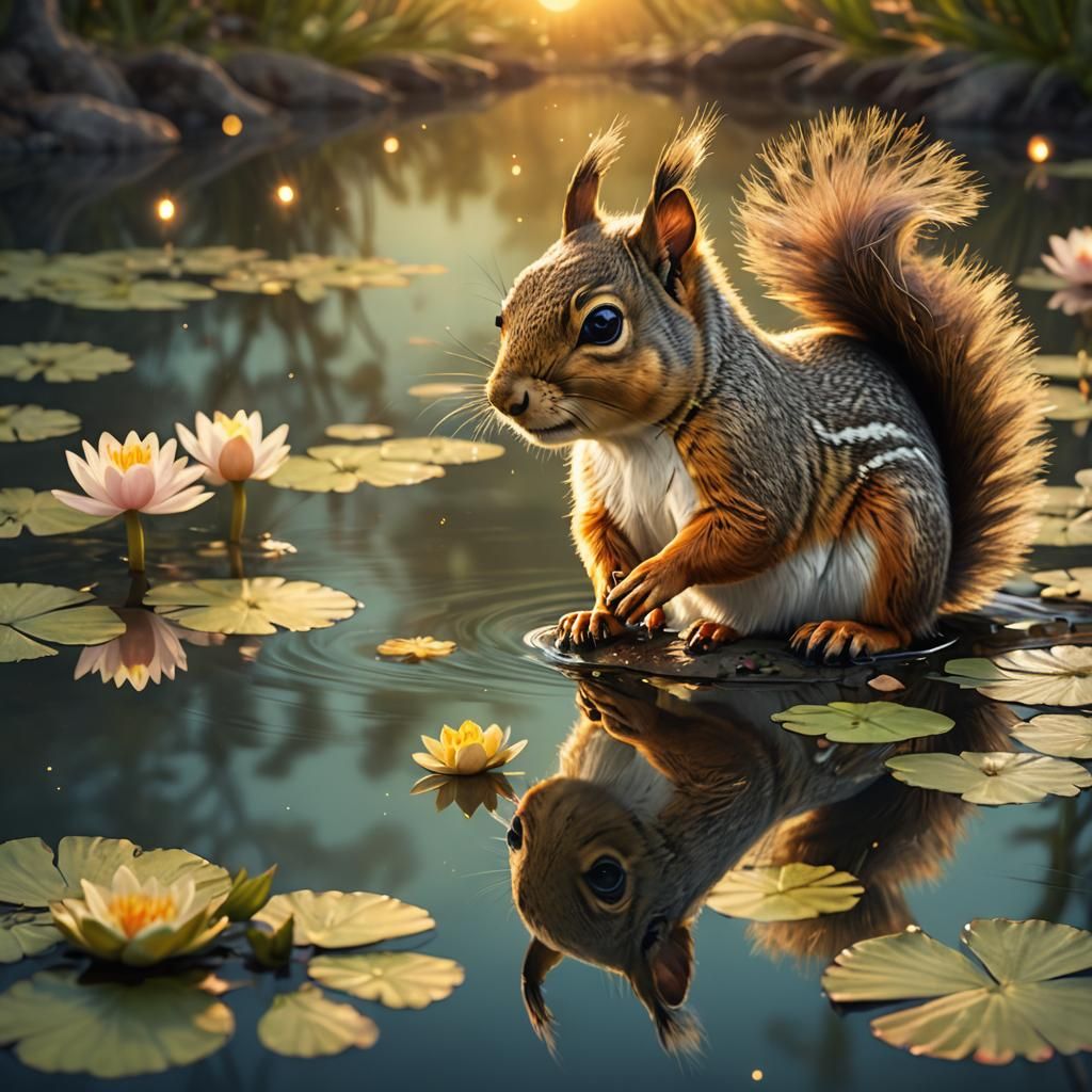 Squirrel with Golden Crown at Pond, Whimsical Matte Painting