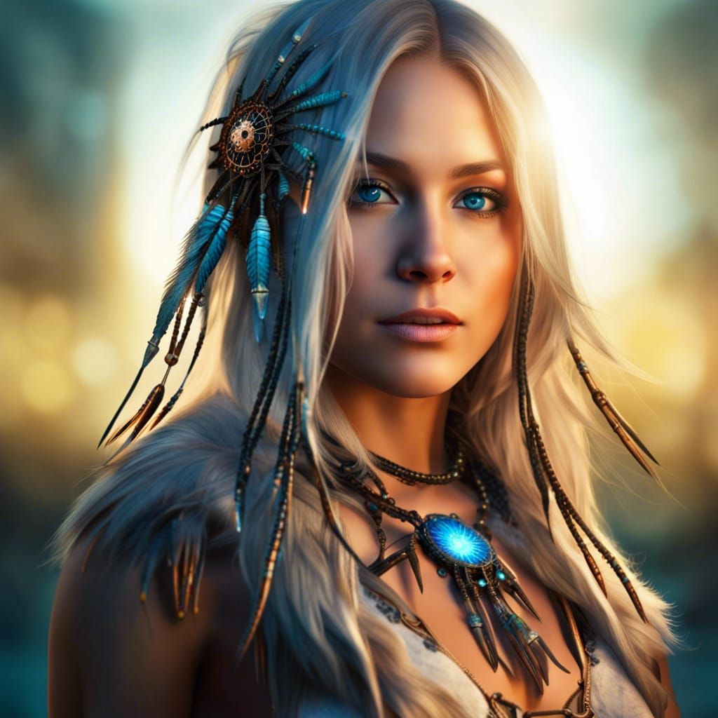 Handmade Native American feather dream catcher hanging from the head of a smiling blonde girl intricate details, HDR, be...