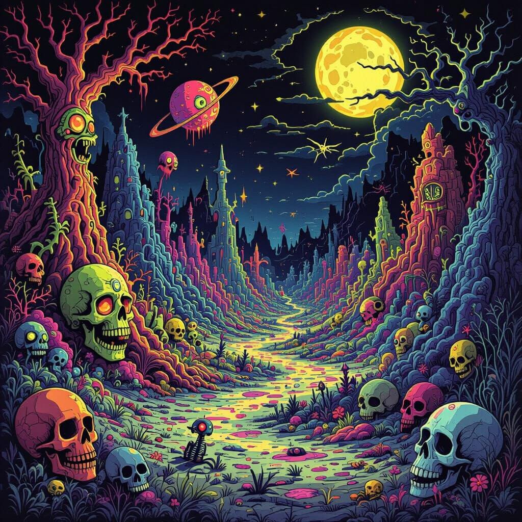 Fantastical Landscape with Bizarre Creatures and Vibrant Col...